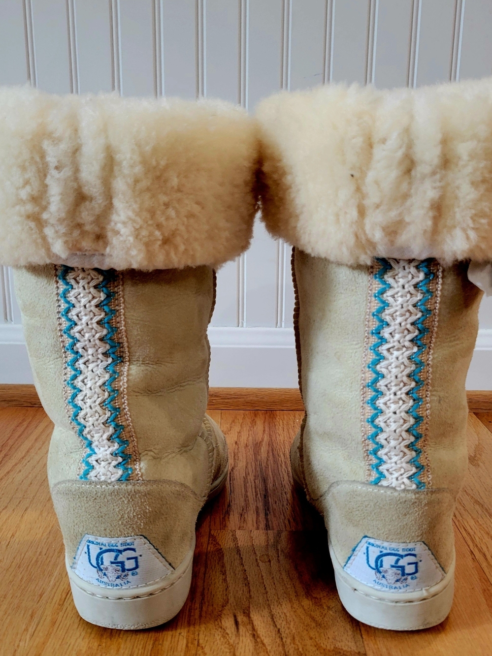 UGG Sundance Revival Suede Boots with Blue and Cream Stitching